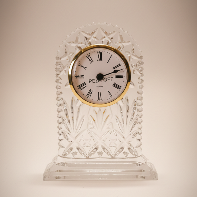 Horloge de Table en Cristal de Bohême – Design Taillé & Cadran Doré