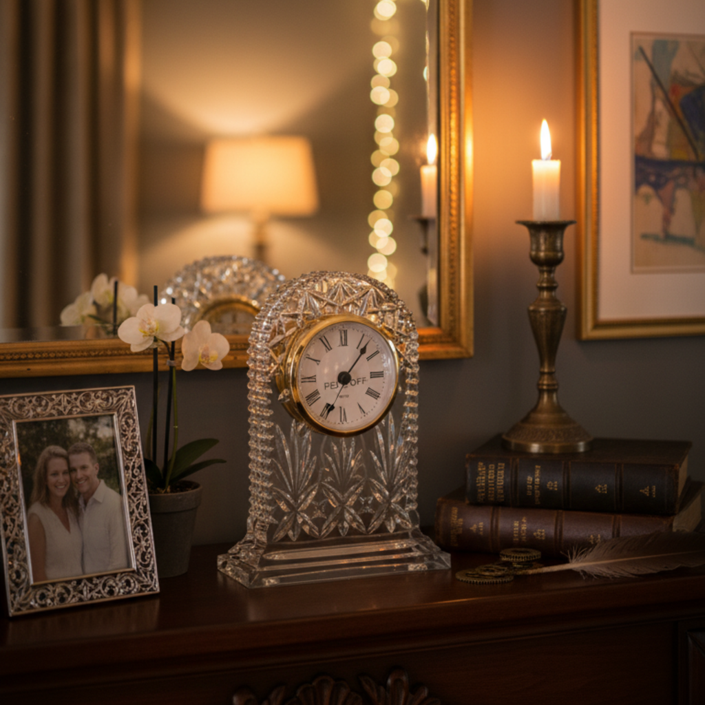 Horloge de Table en Cristal de Bohême – Design Taillé & Cadran Doré