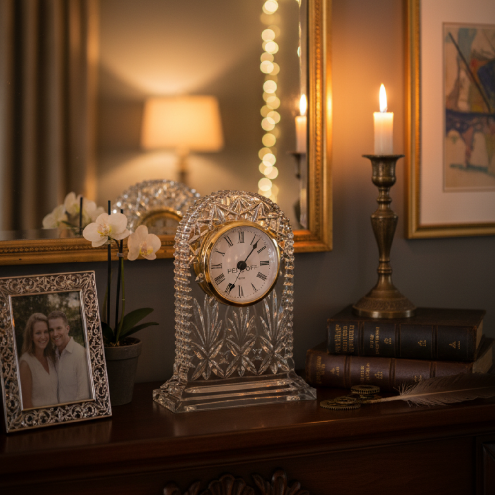 Horloge de Table en Cristal de Bohême – Design Taillé & Cadran Doré